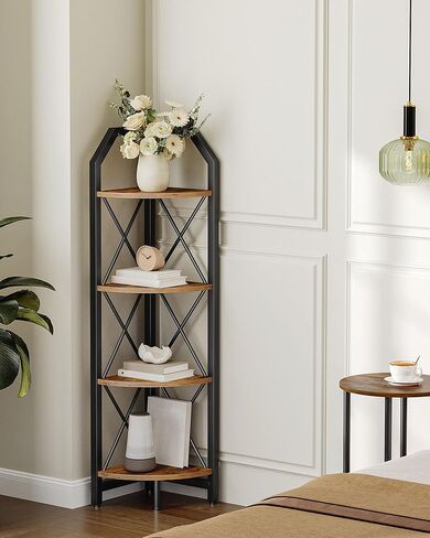 59.4" Corner Shelf, 5-Tier Industrial Corner Bookshelf, Corner Storage Stand, Plant Stand Display Shelf, Corner Bookcase for Bedroom, Living Room, Home Office, Rustic Brown and Black TCJ10BF in Kuwait