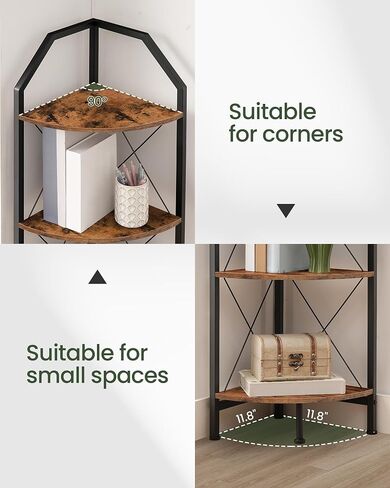 59.4" Corner Shelf, 5-Tier Industrial Corner Bookshelf, Corner Storage Stand, Plant Stand Display Shelf, Corner Bookcase for Bedroom, Living Room, Home Office, Rustic Brown and Black TCJ10BF in Kuwait
