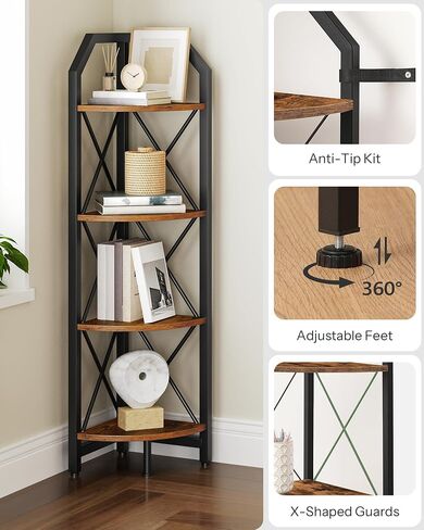 59.4" Corner Shelf, 5-Tier Industrial Corner Bookshelf, Corner Storage Stand, Plant Stand Display Shelf, Corner Bookcase for Bedroom, Living Room, Home Office, Rustic Brown and Black TCJ10BF in Kuwait