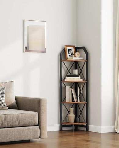 59.4" Corner Shelf, 5-Tier Industrial Corner Bookshelf, Corner Storage Stand, Plant Stand Display Shelf, Corner Bookcase for Bedroom, Living Room, Home Office, Rustic Brown and Black TCJ10BF in Kuwait