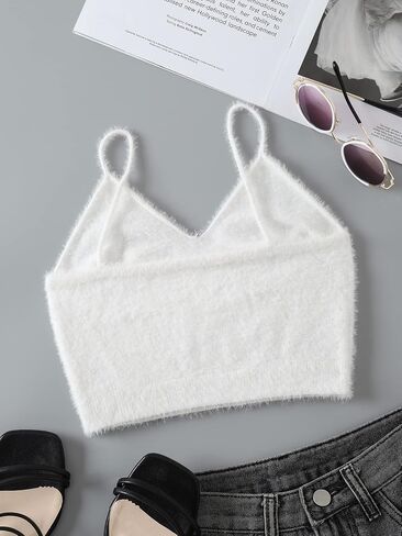 SHENHE Women's V Neck Spaghetti Strap Furry Cute Top Fluffy Knit Crop Cami Top Tank in Saudi Arabia