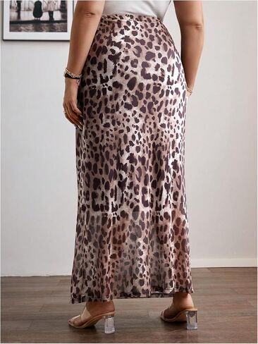 Floerns Women's Plus Size Leopard Mesh Long Skirt Slit Hem Vintage Summer Skirt in Saudi Arabia