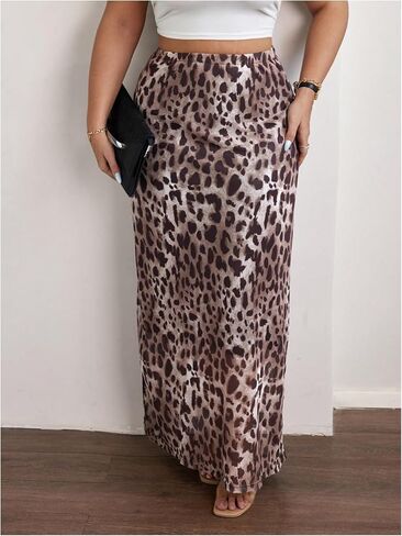 Floerns Women's Plus Size Leopard Mesh Long Skirt Slit Hem Vintage Summer Skirt in Saudi Arabia