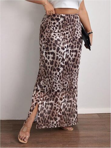 Floerns Women's Plus Size Leopard Mesh Long Skirt Slit Hem Vintage Summer Skirt in Saudi Arabia