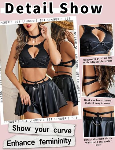 Women Garter Lingerie Set Underwired 6 Pieces Bra and Panty Set Strappy Cut Out With PU Skirts Choker in Saudi Arabia