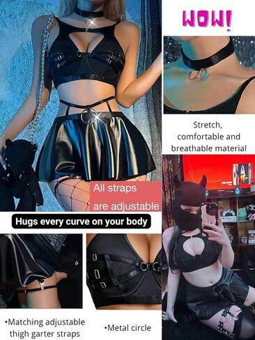 Women Garter Lingerie Set Underwired 6 Pieces Bra and Panty Set Strappy Cut Out With PU Skirts Choker in Saudi Arabia