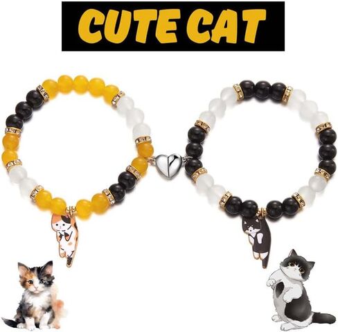 XAM 2Pcs Cat Couple Friendship Bracelet Kawaii Kitten Bead Bracelet Cute Heart Matching Bracelets Y2k Cat Bracelets Animal Charm Bracelets BFF Relationship Jewelry Gifts in Saudi Arabia