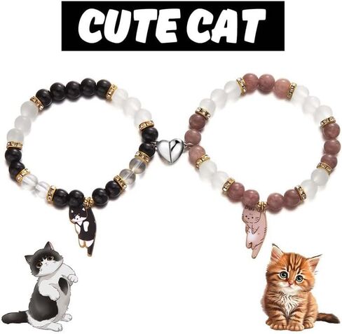 XAM 2Pcs Cat Couple Friendship Bracelet Kawaii Kitten Bead Bracelet Cute Heart Matching Bracelets Y2k Cat Bracelets Animal Charm Bracelets BFF Relationship Jewelry Gifts in Saudi Arabia
