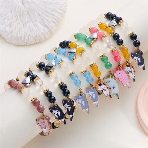 XAM 2Pcs Cat Couple Friendship Bracelet Kawaii Kitten Bead Bracelet Cute Heart Matching Bracelets Y2k Cat Bracelets Animal Charm Bracelets BFF Relationship Jewelry Gifts in Saudi Arabia