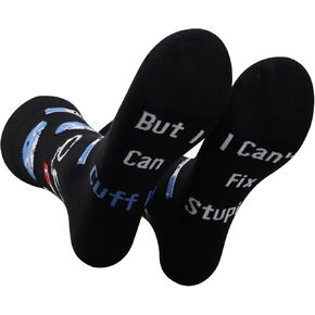 PXTIDY 2 Pairs Funny Cop Gift Police Officer Socks I Can't Fix Stupid But I Can Cuff It Novelty Socks Thin Blue Line Gag Gift