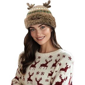 CLAPE Christmas Beanie Hat for Women Men, Cute Antlers Splicing Color Double-Layered Fleece Lined Winter Knitted Beanie Cap