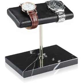 LYS&LYX Double Watch Stand | Handcrafted Italian Leather Marble base | Watch display stand compliment all watches | Jewelry stand | Watch organizer & holder | Watch Accessory (Black/Slive/Black)