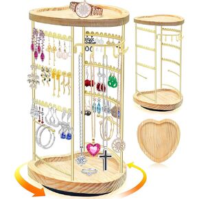Rotating Earring Holder Organizer, Heart Shape Jewelry Organizer Stand and Storage, Wooden Earring Necklace Display for Women Girls, 6-Tier Jewelry Holder Rack for Bracelets Ring Key lipstick