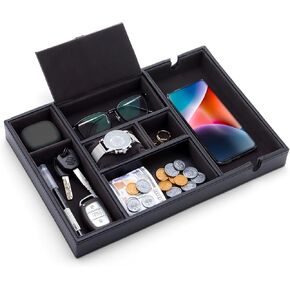 Mens Jewelry Box Nightstand Organizer Jewelry Box Valet Tray for Men Key Black Leather Small Everyday Carry Tray Mens Valet Tray Night Stand Organizers Men Dresser Top Organizer Wallet Watch Tray