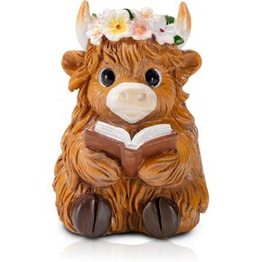 Highland Cow Figurine for Book Shelf Decor, Highland Cows Themed Gifts for Women, Resin Figures Home Desk Decorations Accents (Read)