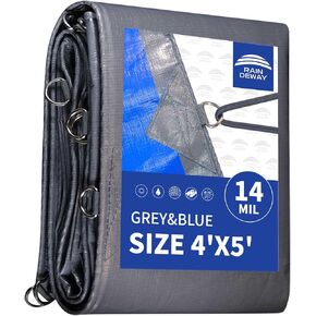 RAINDEWAY Tarps Heavy Duty Waterproof 4x5 Feet -14 Mils Super Heavy Duty Tarp with Metal Rings and Reinforced Corners and Edges, UV Resistant, Multipurpose Poly Tarp,Blue/Gray tarp