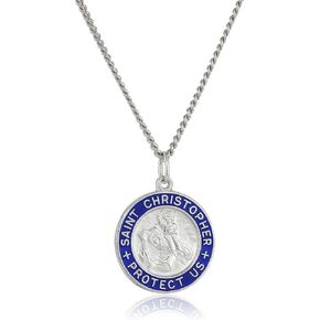 Amazon Essentials Sterling Silver Round Saint Christopher Medal Pendant Necklace with Blue Epoxy Edge and Rhodium Plated Stainless Steel Chain, (previously Amazon Collection)