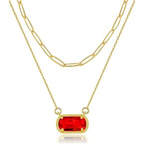 Lourny Gemstone Birthstone Pendant Layered Necklace for Women Trendy, 18K Gold Plated Paperclip Chain Preppy Choker Charm Necklace for Women Wife Jewelry