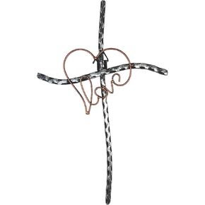 Decorative Love/Heart Metal Wall Cross – Welded Wrought Iron with Rustic Copper and Silver Finish – Spiritual Art Sculpture – Weddings, Anniversaries, Valentines, I Love You Gift