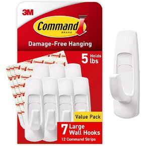 Command Large Utility Hooks, Damage Free Hanging Wall Hooks with Adhesive Strips, No Tools Wall Hooks for Hanging Decorations in Living Spaces, 7 White Hooks and 12 Command Strips
