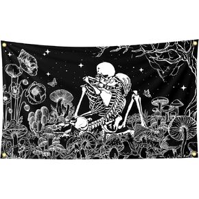 Black And White Couple Skeletons Kiss Plants And Flowers Under The Tree Art Tapestry 3×5FT Bedroom Wall Art Tapestry For Family Dormitory Living Room in Saudi Arabia