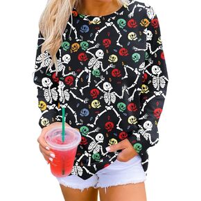 YI XIANG RAN Dancing Skeleton Shirt Women Halloween Skeleton Sweatshirt Skull Graphic Tees Spooky Season Sweatshirts