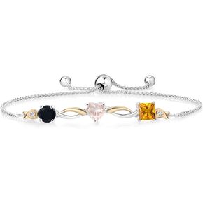 Gem Stone King Keren Hanan 1.79 Ct Round Black Onyx Rose Rose Quartz 925 Silver and 10K Yellow Gold Lab Grown Diamond Bracelet For Women