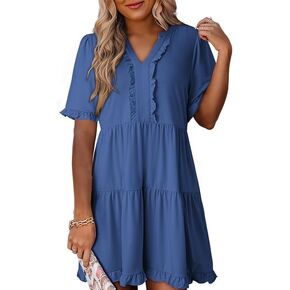 Dokotoo Womens Dresses 2024 Spring Summer V Neck Ruffle Short Sleeve Casual A-Line Flowy Babydoll Shift Dress Mini Dress