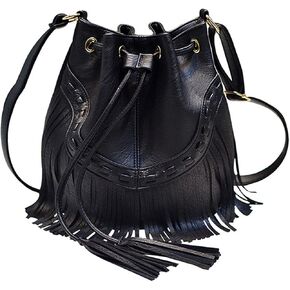Women Small Fringed Faux Leather Crossbody Bag Drawstring Shoulder Bag Boho Bucket Bag