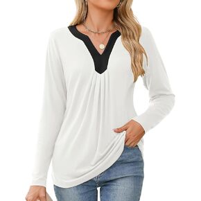 Qirno Womens Tops Fall 2024 Long Sleeve Blouses Dressy Casual V Neck Pleated Work Shirts