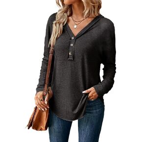 Womens V Neck Long Sleeve T shirts Button Up Casual Tunic Tops Solid Color Basic Fall Blouses Sweatshirt 2024