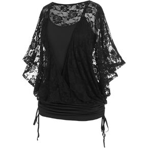 Rosegal Women Plus Size Cinched Ruched Batwing Sleeves Lace 2 in 1 Tee Blouson Top