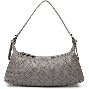 evoon Small Shoulder Bag for Women, Mini Cute Woven Leather Zipper Purse for Ladies with Adjustable Strap Black/Grey