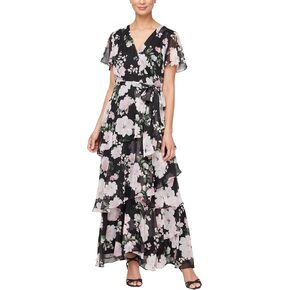 S.L. Fashions Women's Short Sleeve Tiered Skirt Long Maxi Dress with Surplice Neckline, Wedding (Petite and Regular Sizes)