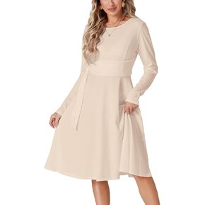 LYANER Women's Tie Front Waist Crew Neck Long Sleeve Pleated A Line Flared Midi Dress