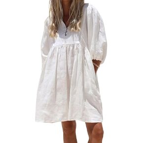 Women's Summer Puff Sleeve Cotton Mini Tunic Dress V-Neck Vacation Beach Cute Babydoll Dress