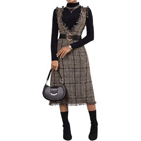 Floerns Women's Plaid Print Sleeveless Midi Overall Dress Raw Hem Fall Pinafore Dress