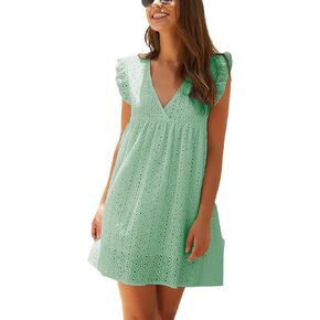 Women Summer Dress Wrap V Neck Jacquard Lace Ruffle Short Sleeve Mini Dresses with Pocket