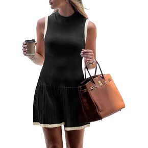 Wenrine Womens Sleeveless Summer Mini Dress Mock Neck Ribbed Knit Ruffle Pleated Casual Tank Dress