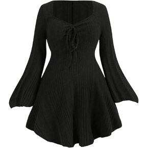 Verdusa Plus Size Dresses for Curvy Women V Neck Bell Long Sleeve Flared Mini Knit Dress