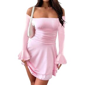 Women Off Shoulder Ruched Mini Dress Sexy Long Sleeve Ruffle Tiered Flowy Tube A Line Dress Fall Bodycon Short Dress