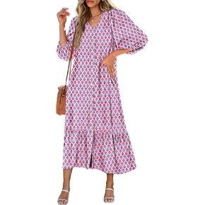 ANRABESS Womens Boho Maxi Dresses Summer Floral V Neck Puff Sleeve Flowy Swing Tiered Long Beach Dress 2025 Vacation Outfits