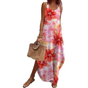 Zeagoo Women's Casual Sundress Summer Maxi Sleeveless V Neck Split Boho Beach Dress Travel Vacation Dress with Pockets