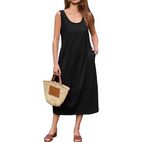 BerryGo Women's Loose Casual Midi Cotton Dresses Sundress Sleeveless Beach Summer Trendy Tank Top Dress with Pockets