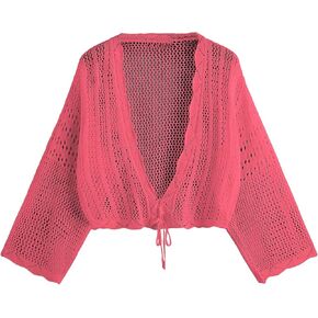 Floerns Women's Plus Size Tie Front Long Sleeve Crochet Cardigan Crop Top