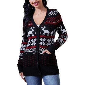 KOJOOIN Women's Ugly Christmas Cardigans Button Down Open Front Knit Pullover Holiday Vacation Long Sleeve Cardigan Sweaters Black