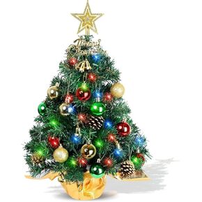Mini Christmas Trees - 24 Inch Artificial Tabletop Christmas Tree,2 ft with Colored Christmas Balls,Bells,Star Treetop,Pine Cone Ornaments for Christmas Home Decor,DIY Green Small Christmas Tree