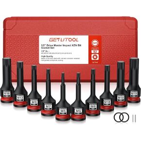 GETLITOOL 10Pcs Impact Torx Bit Socket Set, 1/2" Drive Metric S2 Steel Star Bit Sockets with Size-marked & Storage Case T25-T80 for Automotive Repair, Mechanical Maintenance