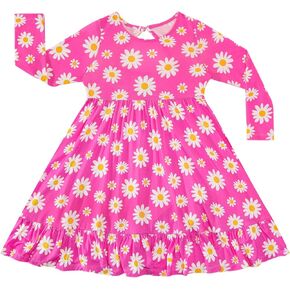Toddler Girls Dress-Viscose Made from Bamboo, Long Sleeve Dress Buttery Soft Twirly Dress Ruffle Skater Dresses