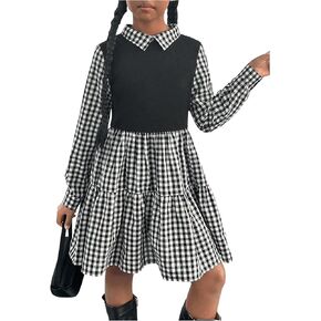 SOLY HUX Girl's Plaid Dress Collar Long Sleeve A Line Ruffle Hem Short Dresses